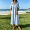 Abito estivo in cotone e lino da donna, manica corta, bottoni, colletto, midi, casual, svasato, linea ad A, ampio, da vacanza