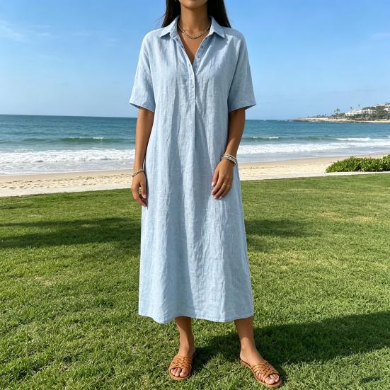 Abito estivo in cotone e lino da donna, manica corta, bottoni, colletto, midi, casual, svasato, linea ad A, ampio, da vacanza