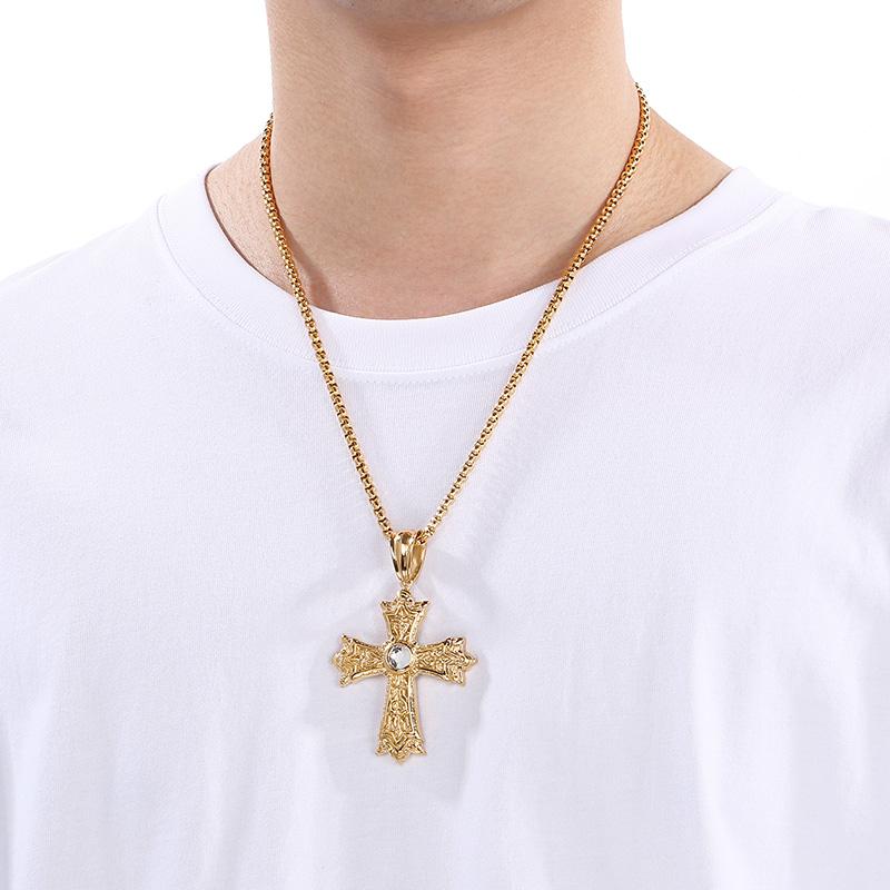 Hip Hop Rhinestone Cross Pendant Necklace for Men Vintage Stainless Steel Jewelry Gold Color O Chain Accessory Trendy Charm Gift