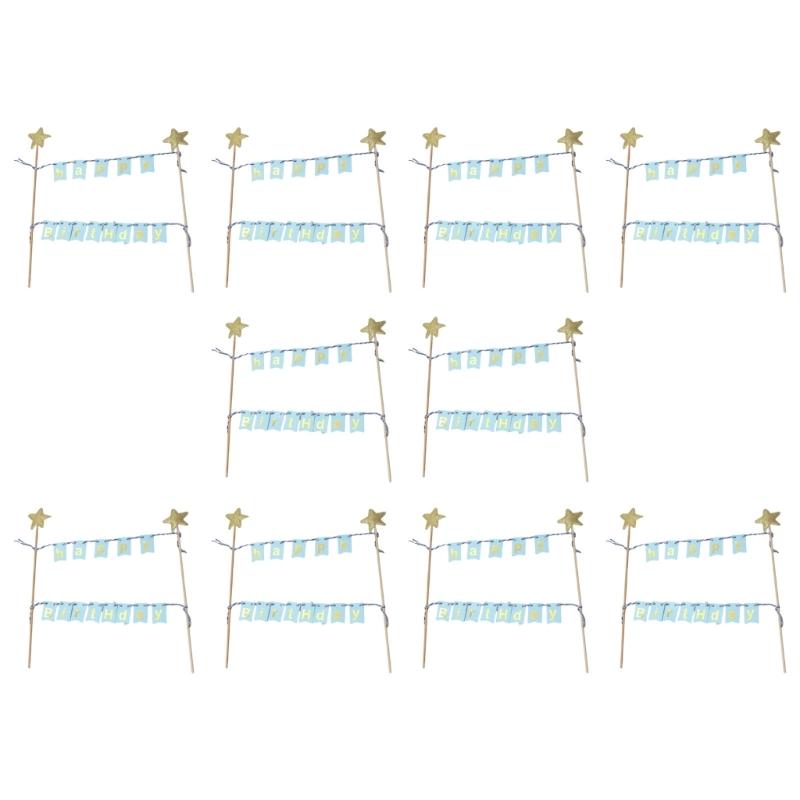10 Set Happy Birthday Cake Decorations Glittering Glittering Star Cake Toppers Bunting Flag Banners for Boys Girls Party