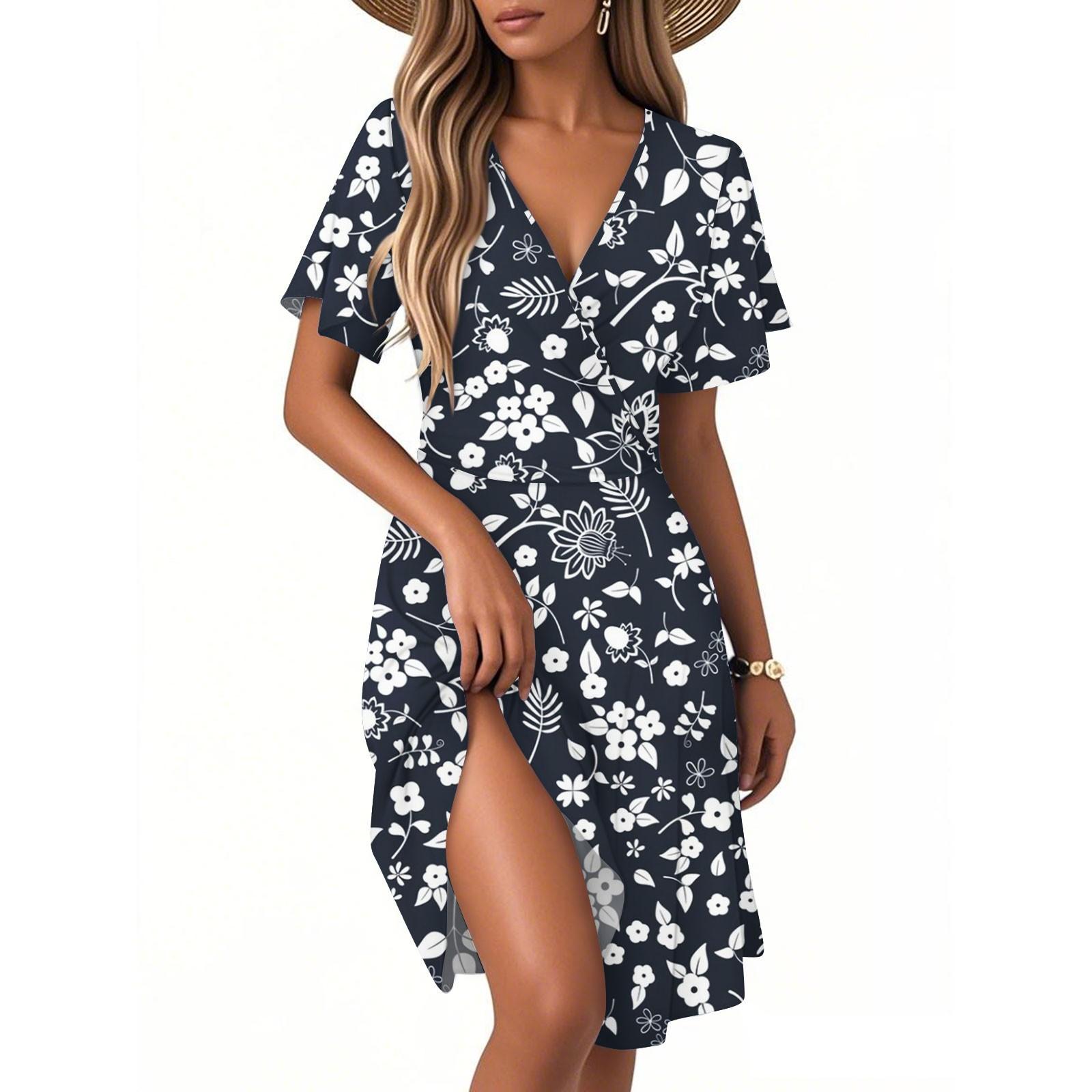 

Женское повседневное модное платье с винтажным цветочным принтом и коротким рукавом и V-образным вырезом S