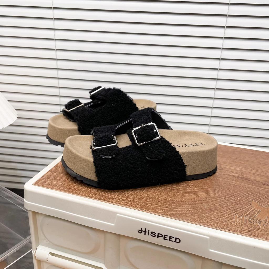 Spring and Autumn New Wool Slippers Women's Cork Slippers Casual One-Word Slippers Women's Summer Outer Wear Fluffy Slippers Women