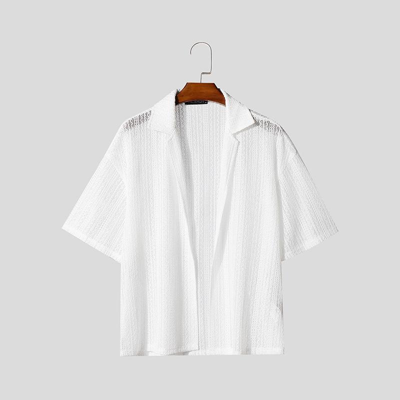 

INCERUN Oversized Mens Short Sleeve Button Down Hollow Crochet Casual Shirts S белый
