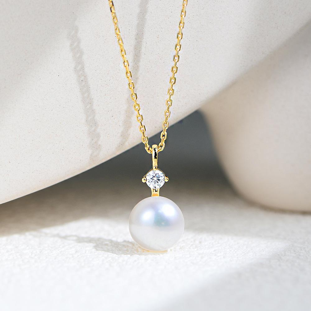 S925 Pure Silver Natural Pearl Zircon-encrusted Collarbone Chain Necklace Gold Plated Pearl Diamond Pendant Necklace for Women Necklace&8-8.5mm