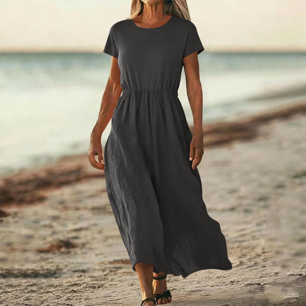 O-Neck Dress For Women Casual Comfy Cotton Linen Short Sleeve Tunic Beach Dresses With Pockets