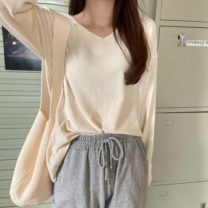 2026 Korean V-Neck Long Sleeve Knit Pullover Sweater for Women
