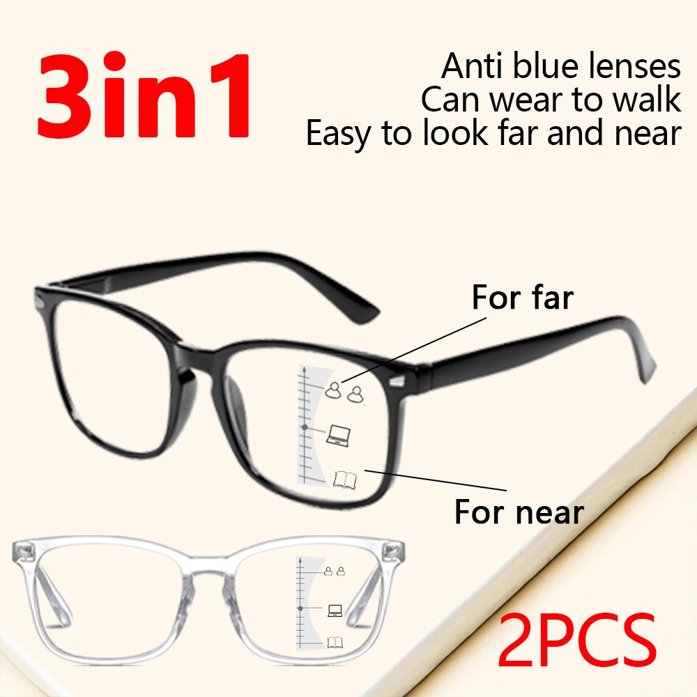 2PCS Multifocal Progressive Reading Glasses for Men & Women Blue Light Blocking Bifocal Presbyopia Glasses (+1.0 to +3.0)