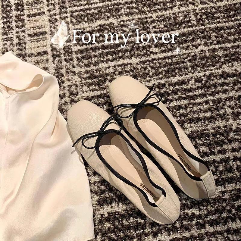 High-end cowhide version~ Xiaoxiangfeng bow light mouth flat-soled single shoes female soft-soled fairy wind round head ballet shoes