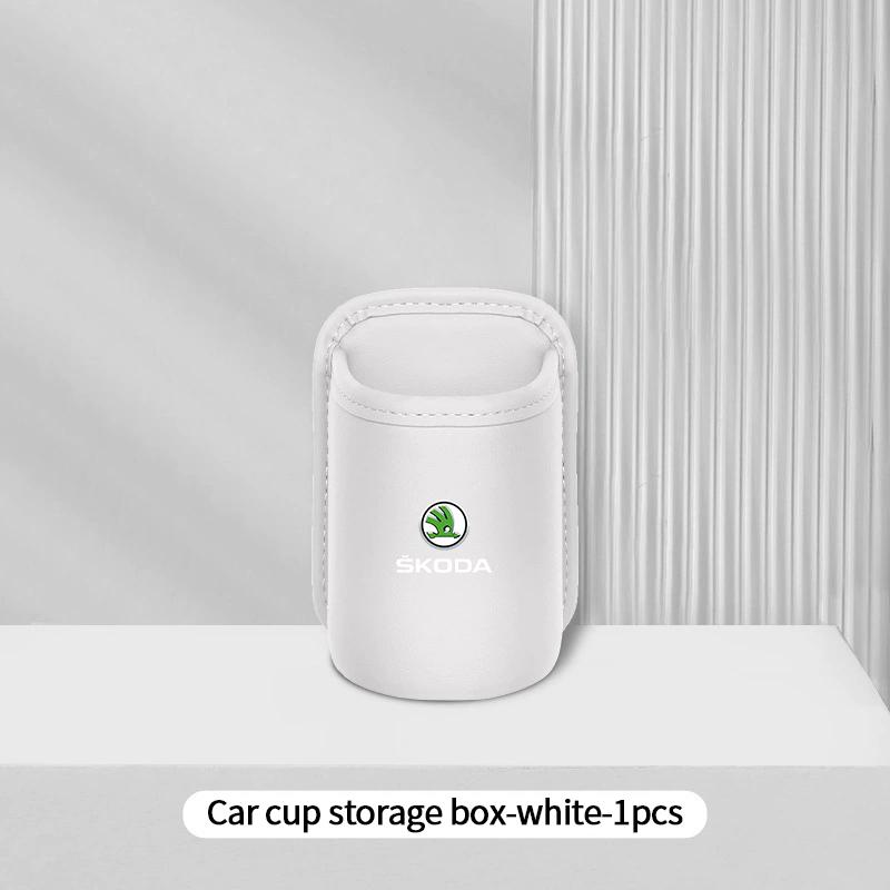 HIAQ2 Leather Car Door Side Water Cup Holder Interior Storage Box For Skoda Superb Octavia Rapid Karoq Enyaq Fabia Kamiq Yeti Scala