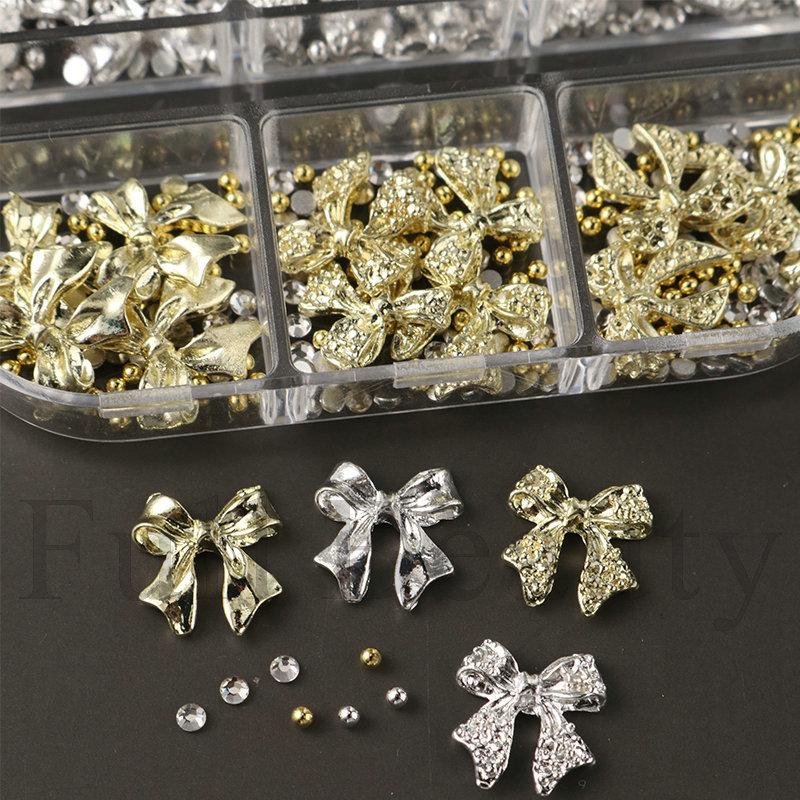 1pc of 6-compartment metal bow rhinestone and steel bead 3D nail art, nail decoration, holiday gift.