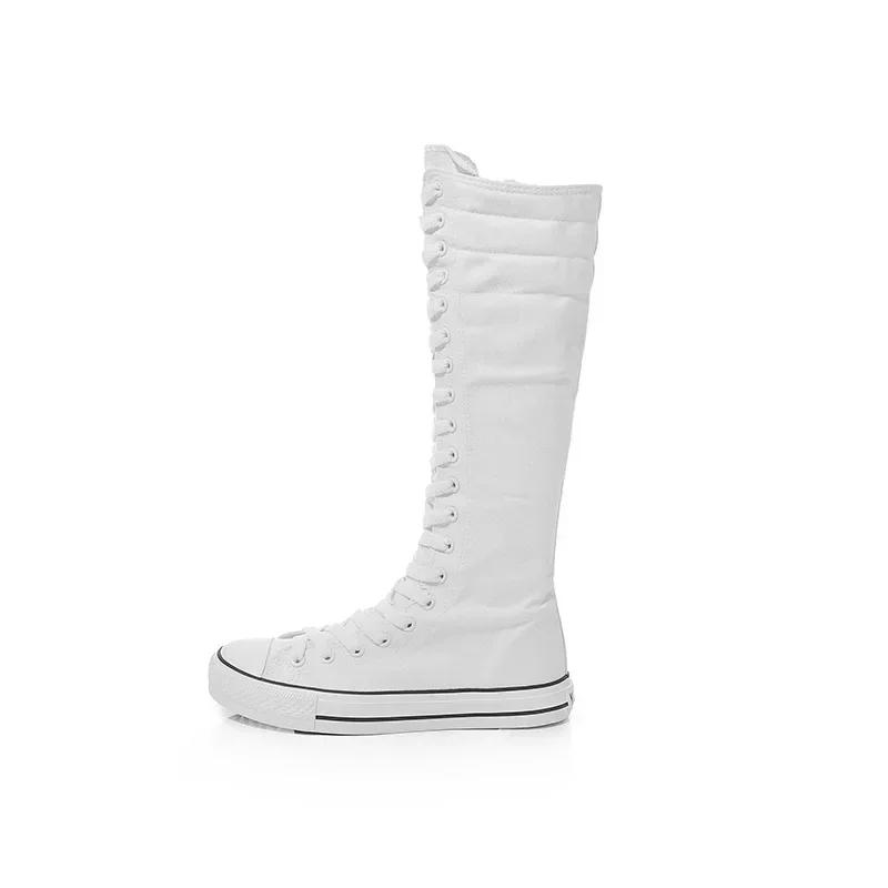 New Women's Canvas Boots Zip Shoes Comfortable Womens Shoes Flat High-top Female Sneakers Lace-up Knee-high Boots Bota Feminina