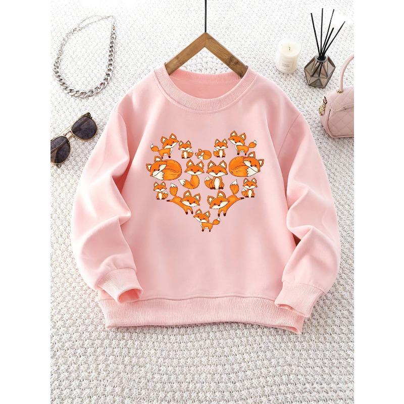 Kids Crewneck Sweatshirt, Fox & Heart Print Casual Fit Long Sleeve Top for Fall Winter Outings