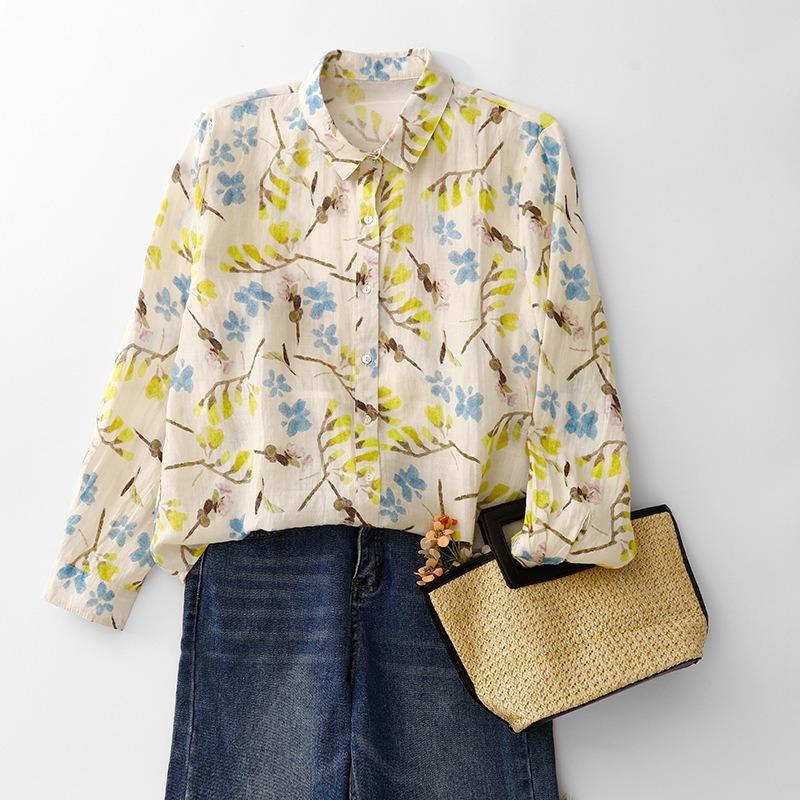 Women Floral Print Halter One Shoulder Loose Long Sleeve Thin Casual Blouse M
