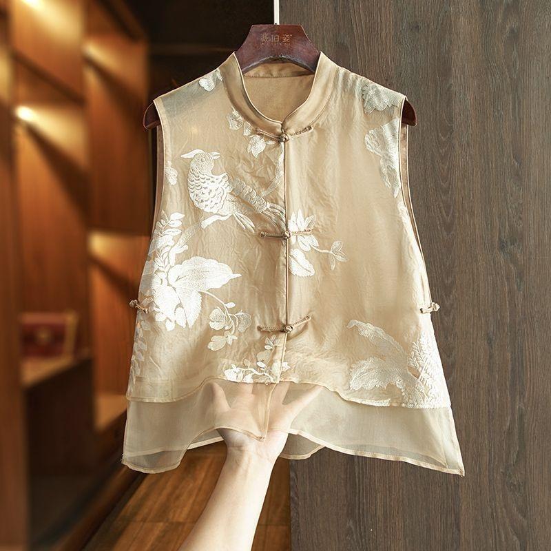 Women Bird And Floral Embroidered Mandarin Collar Frog Button Double Layer Organza Vest M