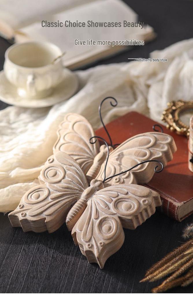 New Chinese Solid Wood Carving Festival Decoration: Wabi-sabi Retro Butterfly Desktop Ornament