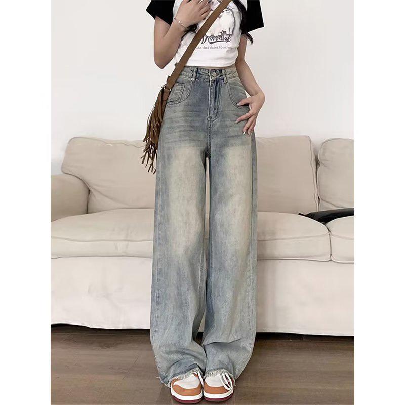 

Женские синие джинсы прямого кроя с высокой талией в стиле ретро с эффектом потертости — весенне-осенний выпуск Extra Small