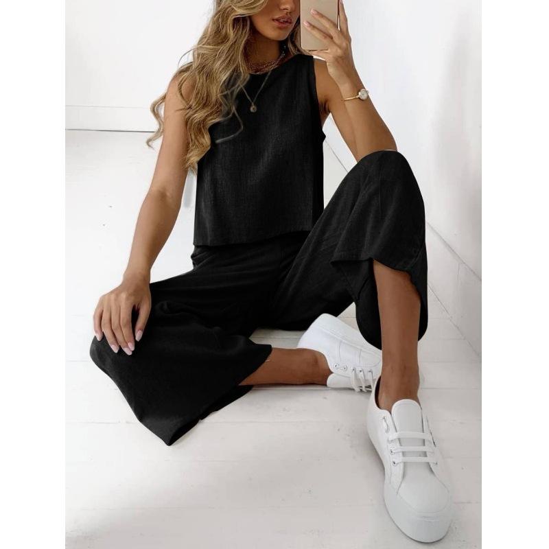 Women's Casual Sportswear Set Sleeveless Top with Wide Leg Pants in Light Blue, Black, Gray