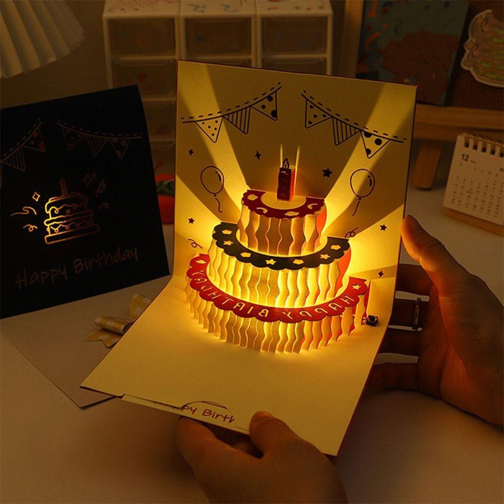 Hollow Carving 3D Cake Birthday Card with Envelope Unique LED Light Pop-Up Card Folding Funny Pop-Up Greeting Card