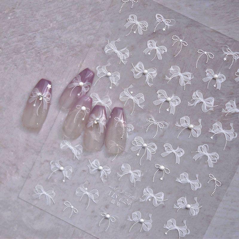 White 5D Pearl Lace Bowknot Wave Lines Nail Stickers Elegant Exquisite Nail Decoration Decals DIY Self Adhesive Transfer Slider