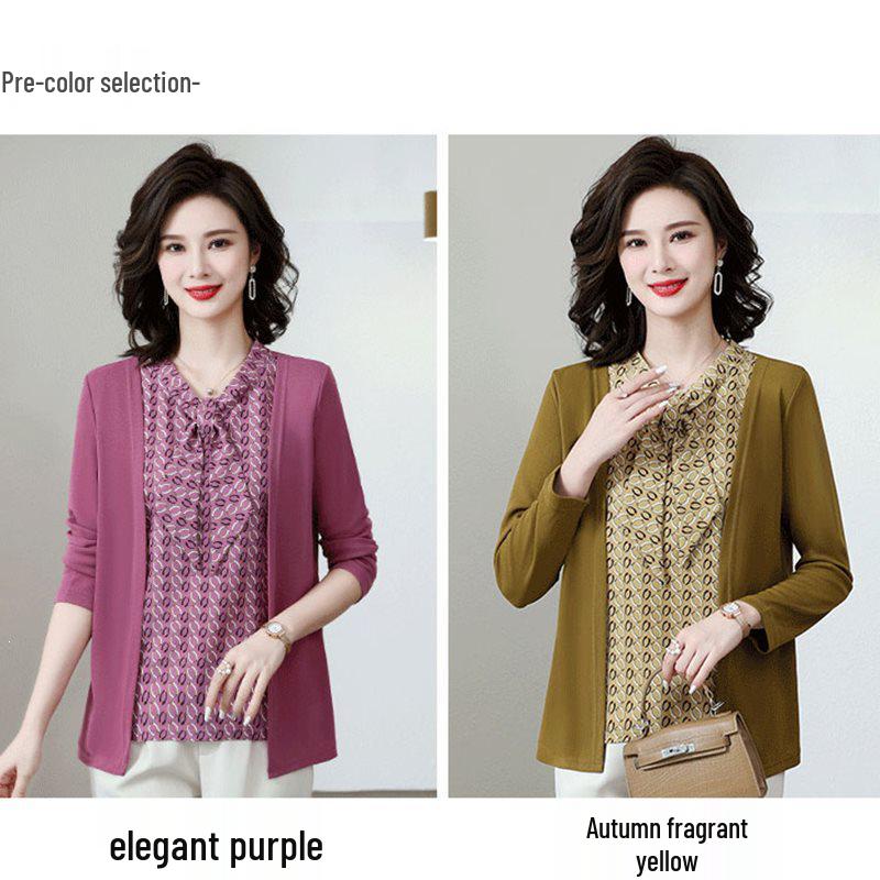 Mom's Elegant Fake Two-Piece Long-Sleeve Top for Middle-Aged Women