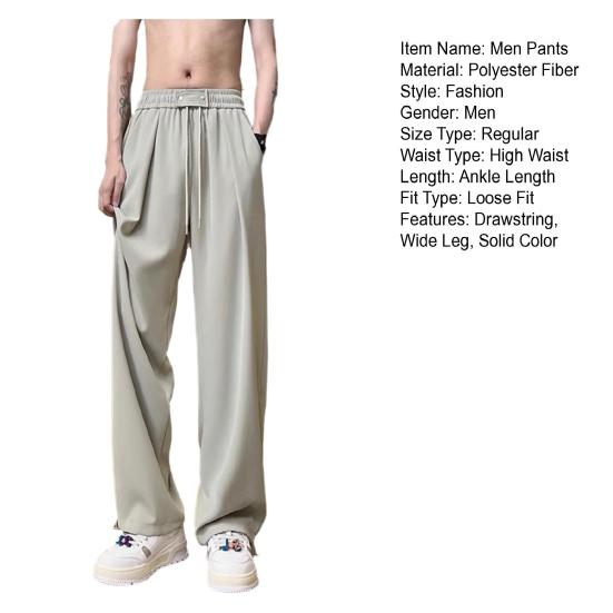 Men Pants Drawstring Waist Casual Trousers Solid Color Regular Style Long Pants with Reinforced Pockets Daily Wear