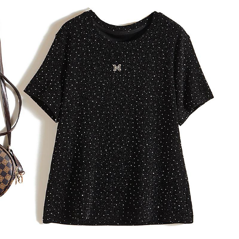 

North American Circle Flash Tops! Fashionable Women s round Neck High Elastic Bright Silk Stretch Cotton Short Sleeve T-shirt Summer Old Pink Welfare Black L