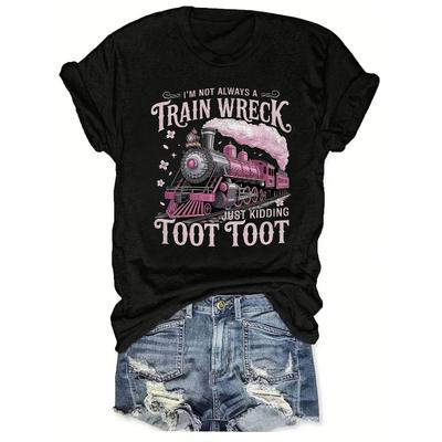 T-Shirt - Lässiges lockeres rosa Hemd mit Zugunglücksmuster, kurzärmlig, mit dem Slogan, weiches Rundhalsdesign, Europäische Größe