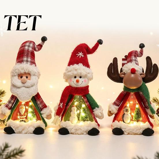 Indoor Xmas Atmosphere Light Lighted Christmas Doll Decoration, Cute Plush Santa Claus/Snowman/Reindeer Figurine with Creative Holiday Mantel