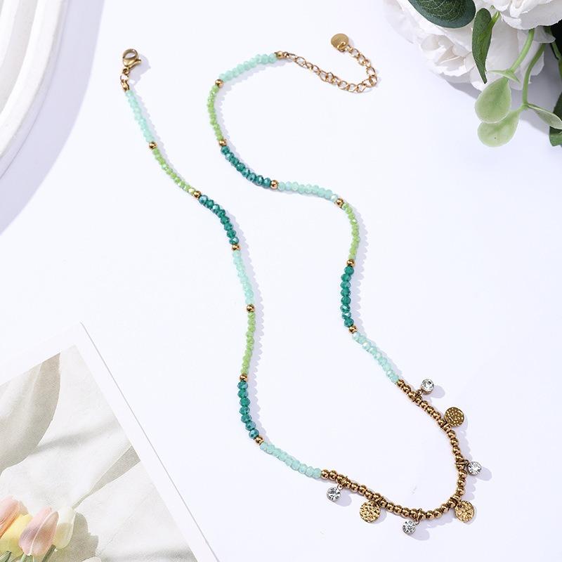 Vintage Multicolor Crystal Handmade Beaded Titanium Steel Round Pendant Clavicle Necklace For Women