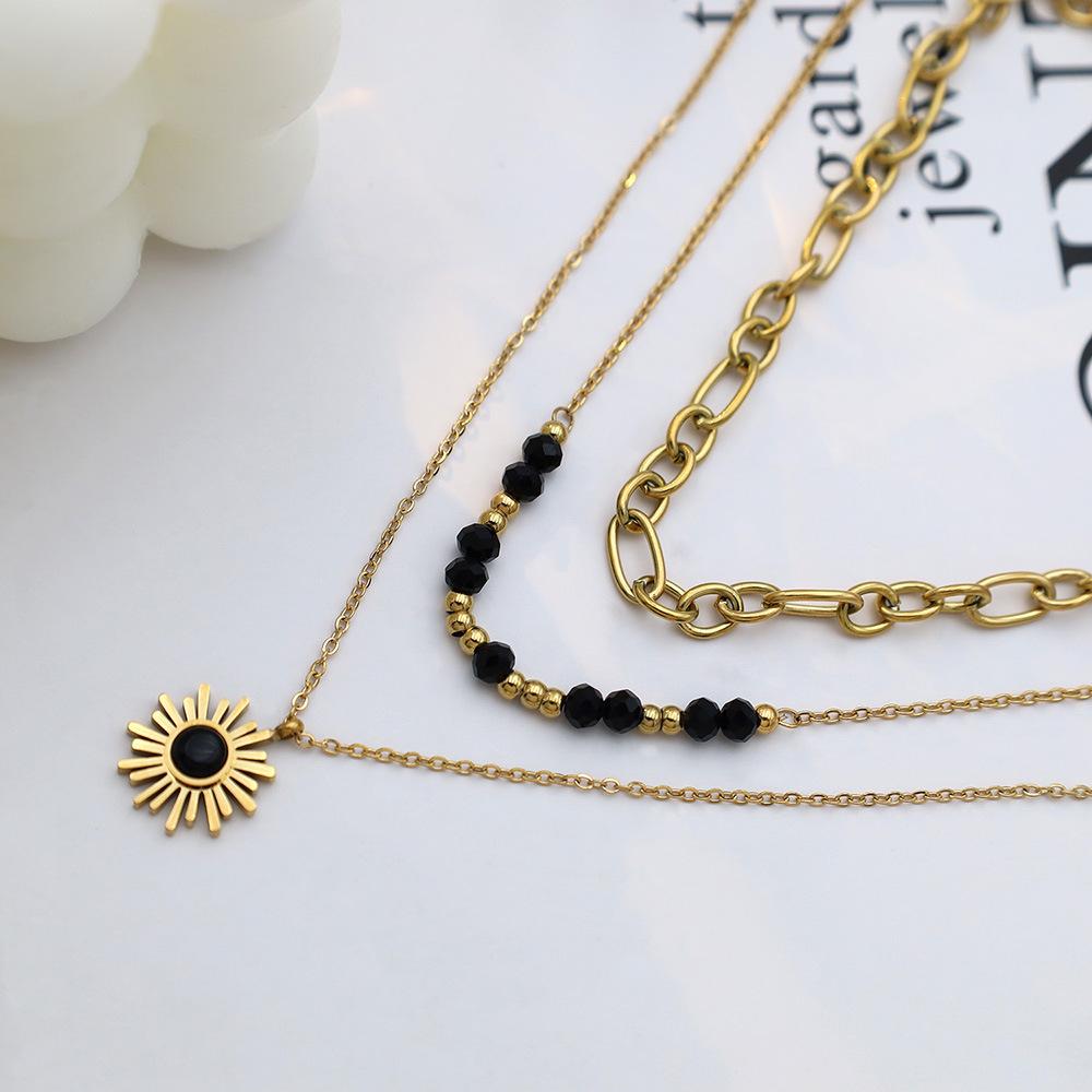 Jewelry Personalized Light Luxury Three-Layer Black Rice Bead Sun Pendant Necklace Female Versatile Niche Stacked Collarbone Chain