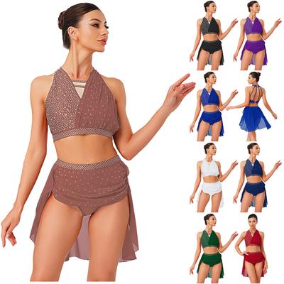 Womens Lyrical Dance Outfit Sleeveless Halter Ruched Crop Top Built In Briefs Skirt Sparkly Rhinestone Dance Costume