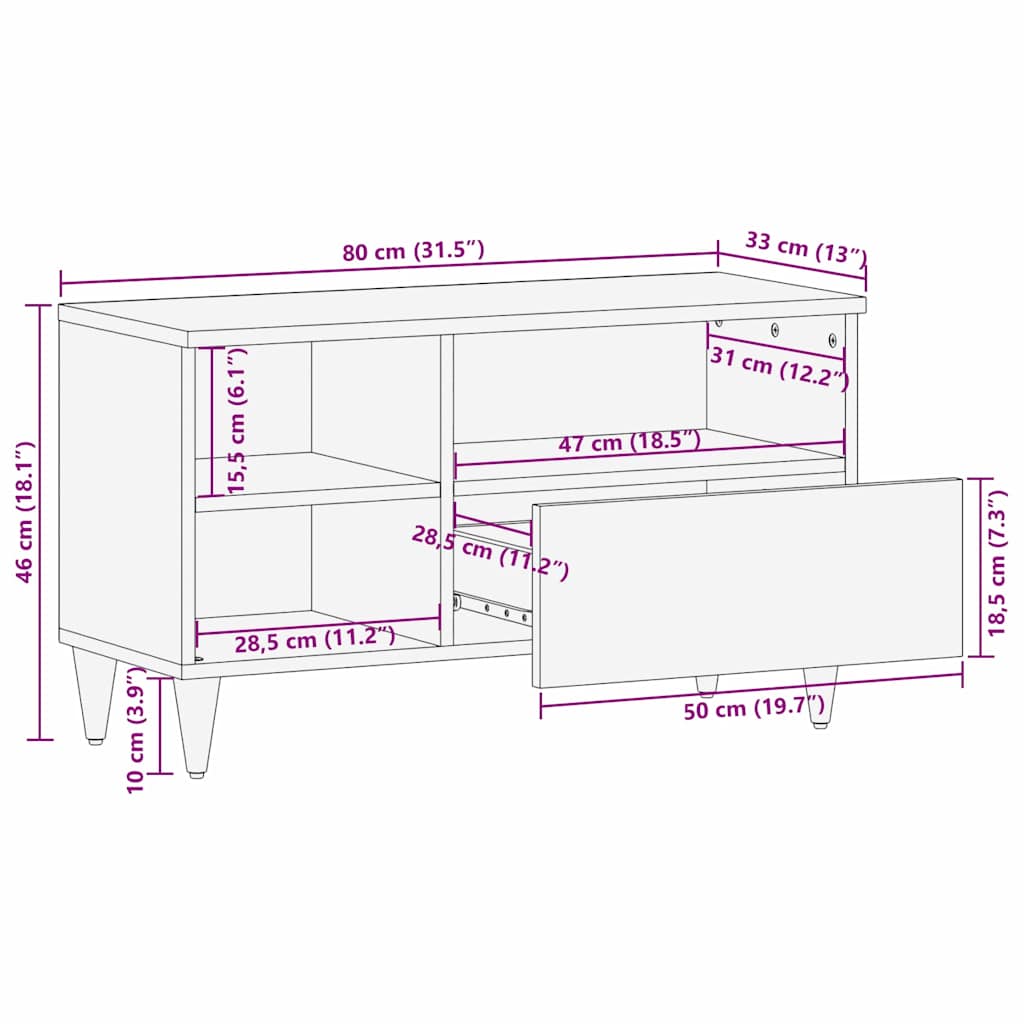TV Stand with Shelf Black 80 X 33 X 46 Cm Solid Mango Wood