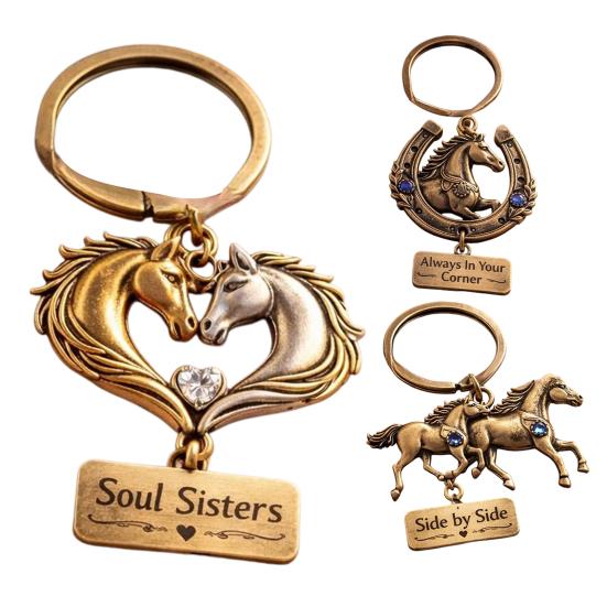 Sisterhood Horse Keychain Metal Horse Theme Key Ring Backpack Schoolbag Hanging Decoration Bag Charm Purse Pendant Women Friends Besties Gifts