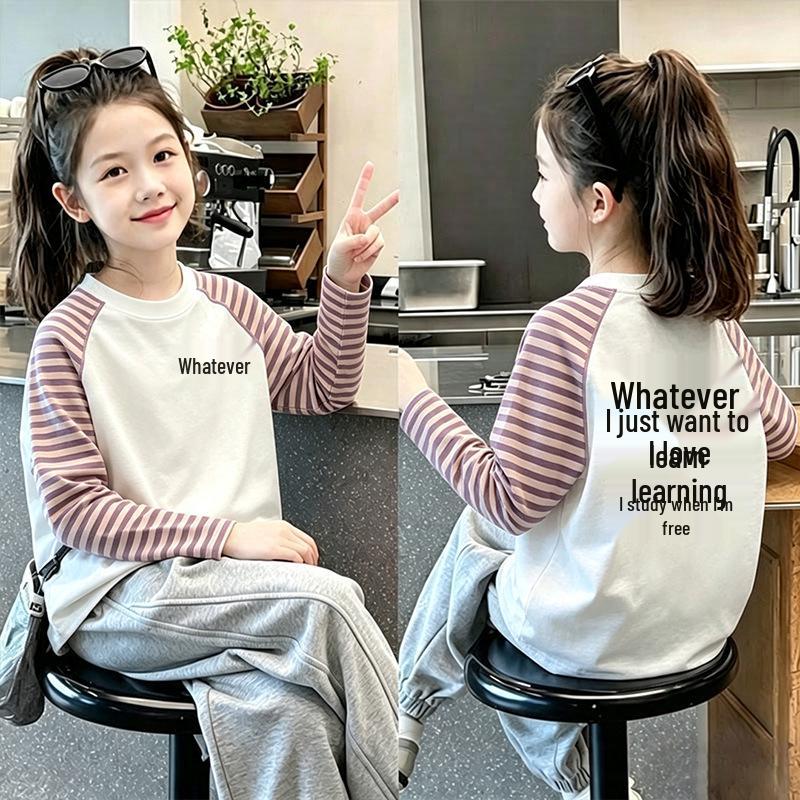 Girls' Patchwork Striped Long-Sleeve Cartoon Top - Spring/Autumn Round Neck Casual Shirt