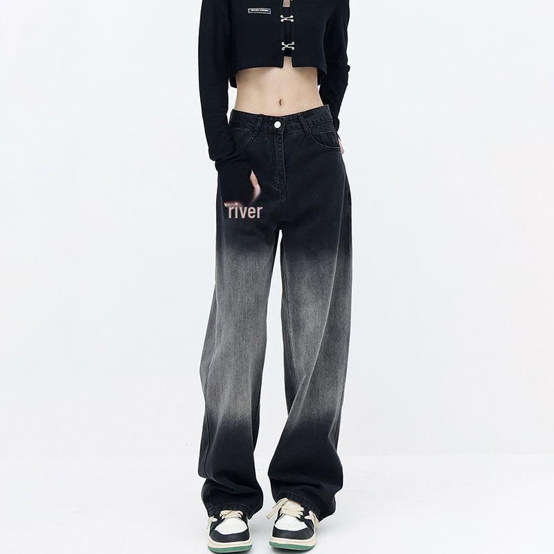 

Женские джинсы с высокой посадкой, черные с градиентом, для фигуры типа «груша» – стройнящие прямые и широкие штанины, коллекция весна/осень XL