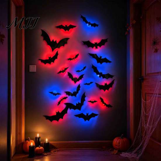 Easy Stick Halloween Wall Art LED Flying Bat, 3D Glowing Creepy Bats Decor, Festive Holiday Party Decorations 6 Sizes Durable PVC Ornaments for Indoor