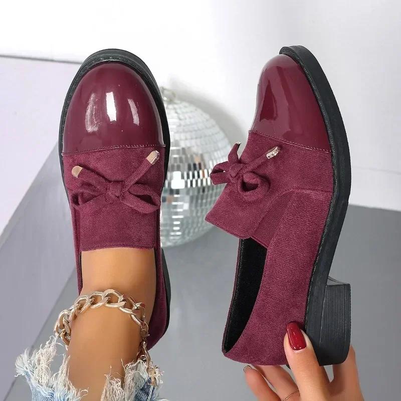 Fashion Spring Women's Med Heels Shoes Casual Slip-on Round Toe Loafers Ladies Office Pumps Ladies Fashion Bow Square Heel Shoes Women