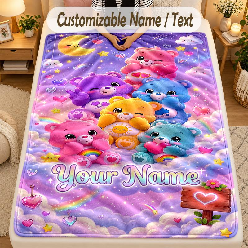 Flannel BlanketCare Bears Custom Name Text Personalized Soft Warm Throw Blanket Home Decor Gift