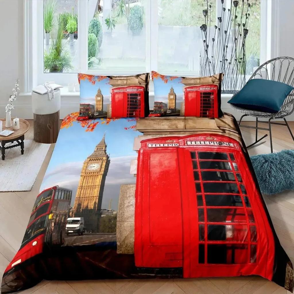 London Duvet Cover Full SizeTelephone Booth The Big Ben Bedding Set Comforter Cover Set Nostalgic Retro United Kingdom Bedding