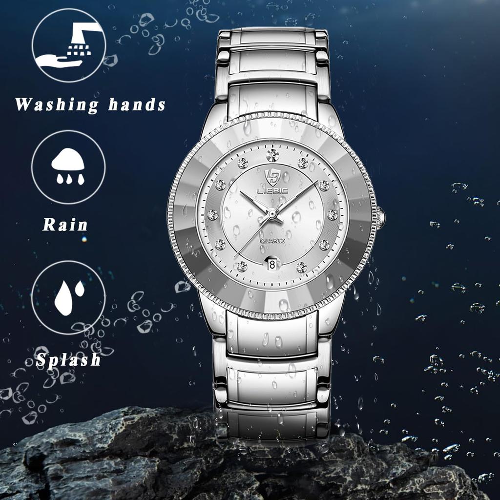 Men's Watch Stainless Steel Diamond Silver Luminous Analog Calendar Quartz Watch 3ATM Waterproof Men's Fashion Accessory