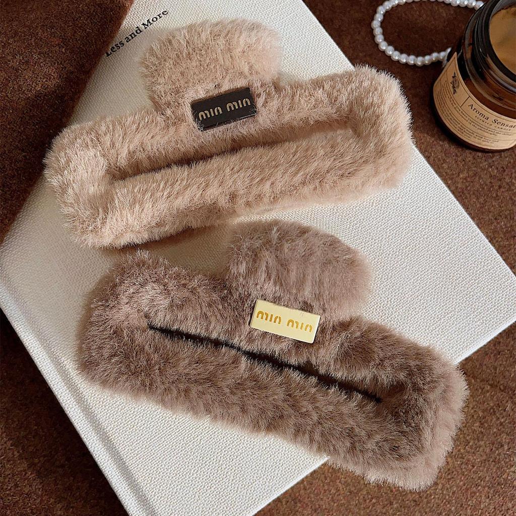 Autumn Winter Elegant Large Plush Claw Clip for Women - Maillard Square Design for Thick Hair