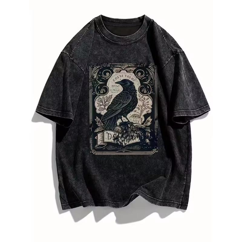 Vintage Gothic Rabe Print T-Shirt Unisex Gewaschenes Schwarz Rundhalsausschnitt Oversized Tee Y2K Streetwear Kurzarm für den täglichen Gebrauch