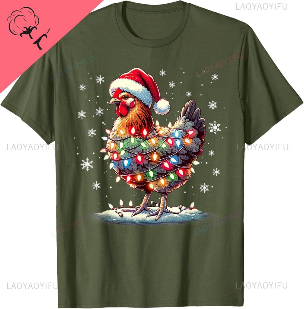 Chicken Santa Christmas Light Funny Xmas Chicken Pajamas TShirt Unisex Summer Streetwear Tops Cotton Ropa Hombre