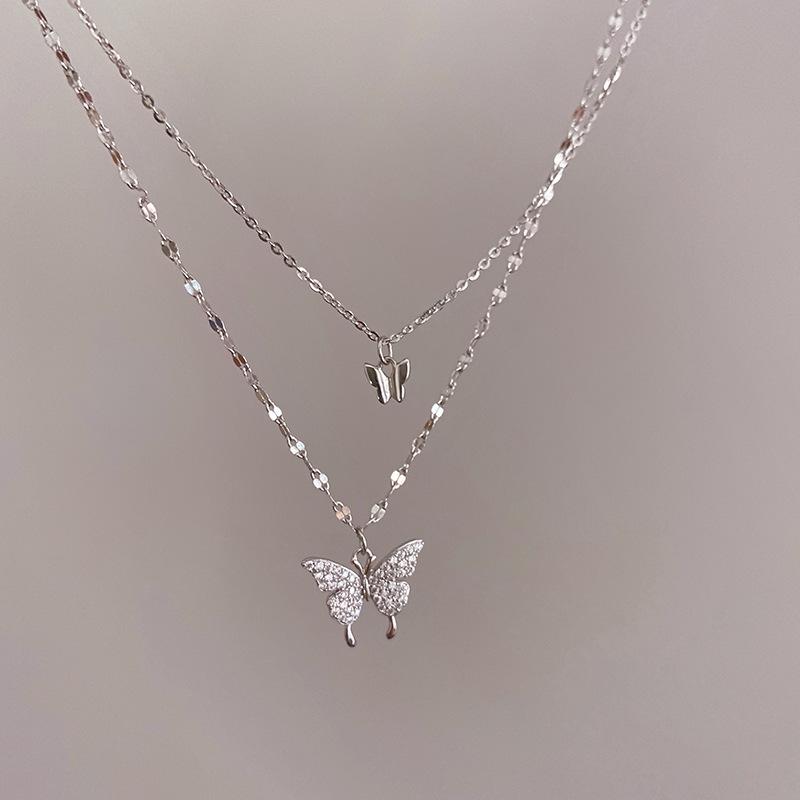 925 Sterling Silver Flash Diamond Butterfly Double Necklace for Women Simple Design Crystal Elegant Wedding Jewelry Gifts