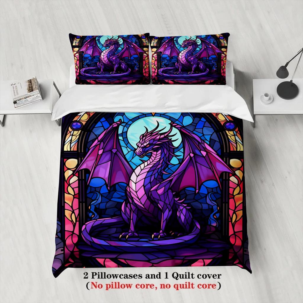 3pcs Stained Glass Purple Dragon Print Duvet Cover Set – for Kids Gift 100%Polyester, Soft, Breathable for Bedroom Decoration