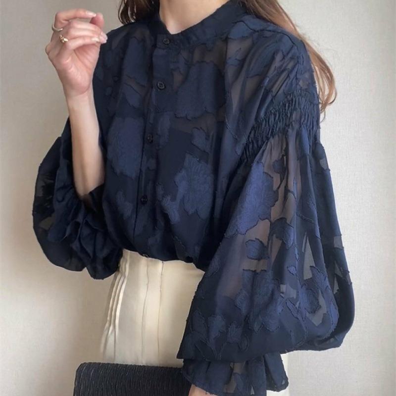 Blusa base casual da donna, larga, reversibile, a maniche lunghe, in pizzo