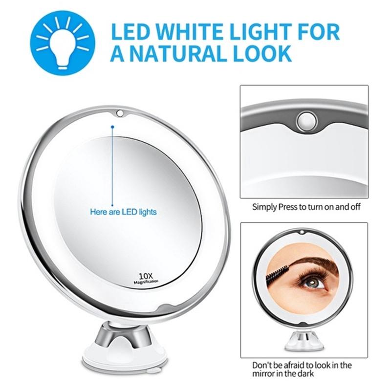 1W LED Light Makeup Vanity Mirror Wireless Portable Makeup Mirror 10x Magnifying Cosmetic Beauty Bathroom Shower Round Mirrors