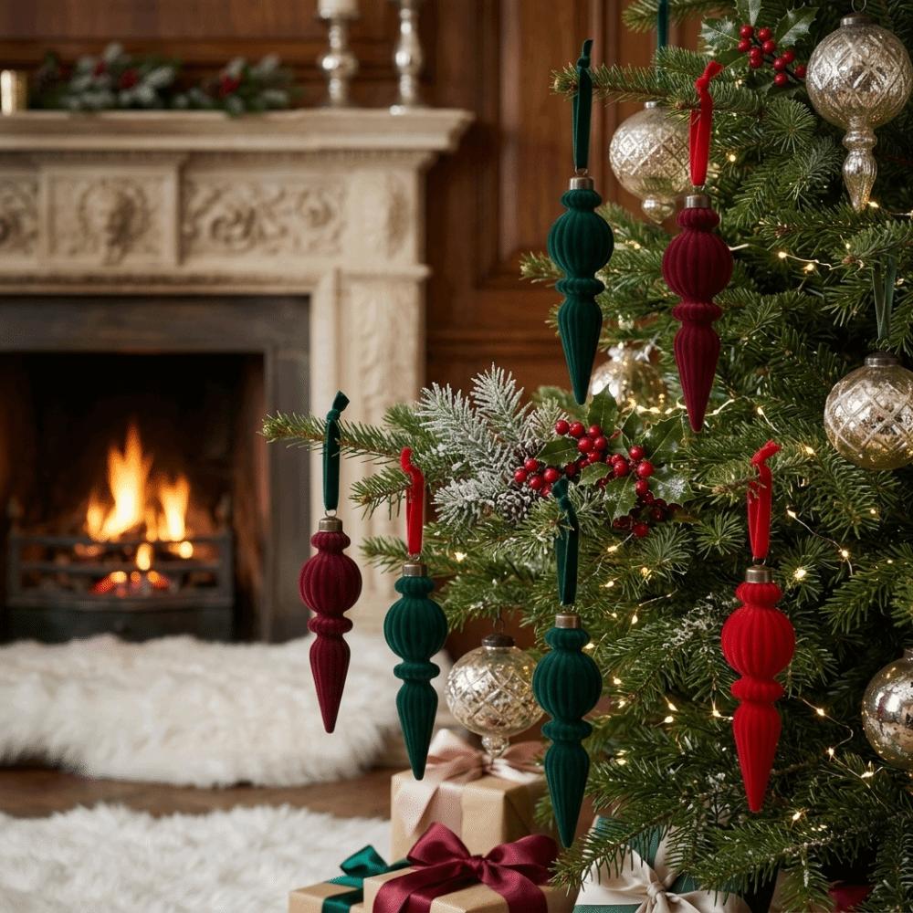 6PCS Oddly Shaped Flocked Finial Christmas Ball Exquisite Long Finial Hanging Ornaments  Party Decor