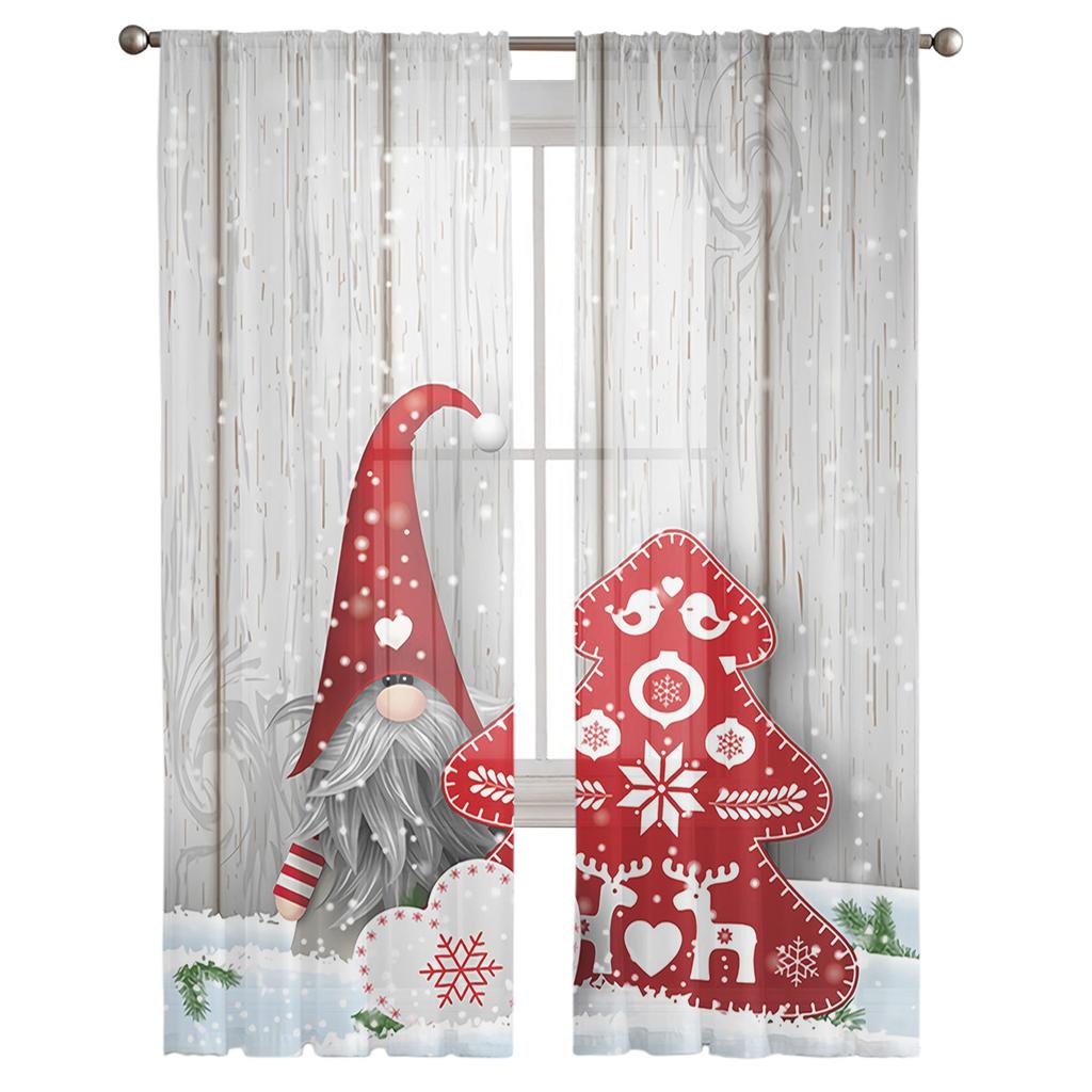 Christmas Gnome Wood Grain Snow Tulle Curtains For Living Room Decoration Modern Chiffon Sheer Voile Christmas Curtains