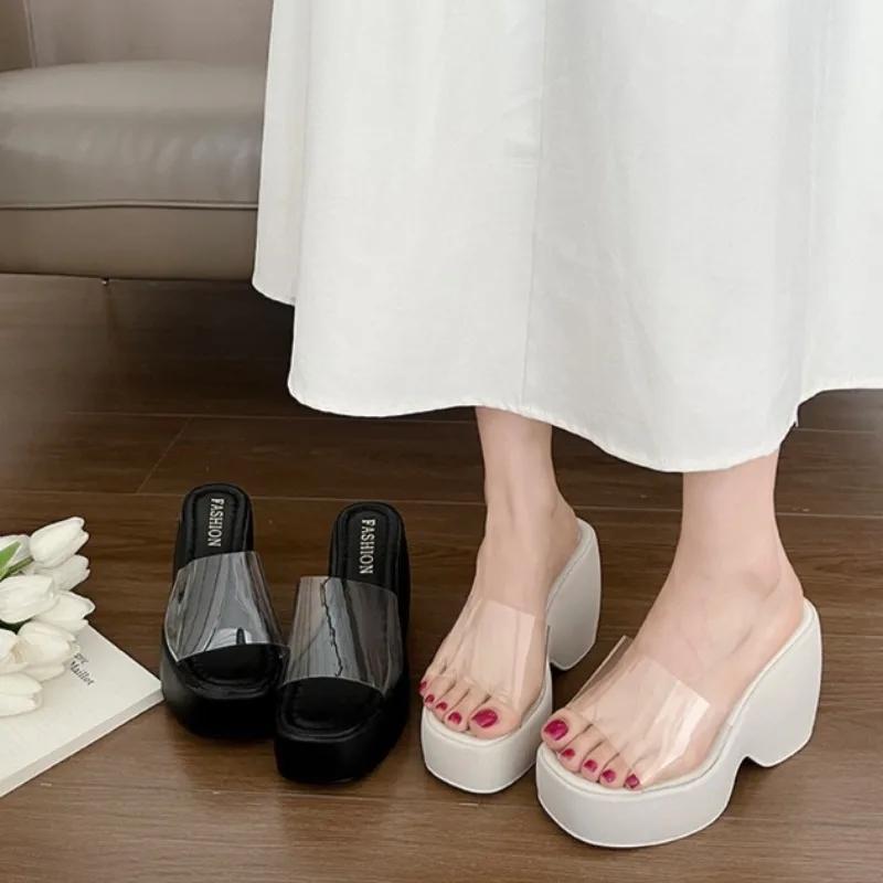 Fashion Fashion Transparent Belt Wedge Platform Slippers Women's Summer Wear Heightened Round-toe Platform Non-slip High Heels